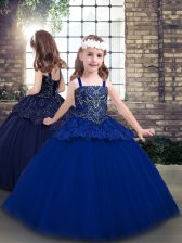 Latest Sleeveless Floor Length Beading Lace Up Pageant Gowns For Girls with Blue