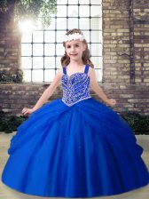 Pretty Royal Blue Tulle Lace Up Little Girls Pageant Gowns Sleeveless Floor Length Beading