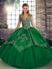 Custom Made Green Straps Neckline Beading and Embroidery Ball Gown Prom Dress Sleeveless Lace Up