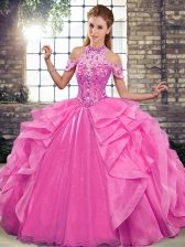 Fantastic Floor Length Rose Pink Sweet 16 Dresses Halter Top Sleeveless Lace Up
