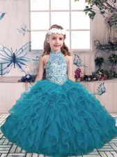 Amazing Sleeveless Tulle Floor Length Lace Up Pageant Dress Toddler in Teal with Beading and Ruffles