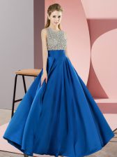 Discount Blue Empire Beading Dress for Prom Backless Elastic Woven Satin Sleeveless Floor Length
