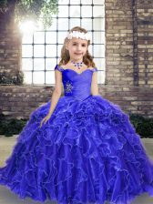 Classical Floor Length Blue Little Girls Pageant Dress Wholesale Organza Sleeveless Beading and Ruffles