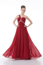 Delicate Red Empire One Shoulder Sleeveless Chiffon Floor Length Backless Beading and Ruching 