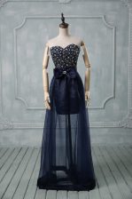  Navy Blue Sleeveless Floor Length Beading and Bowknot Lace Up Prom Evening Gown