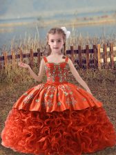 High End Orange Red Ball Gowns Fabric With Rolling Flowers Straps Sleeveless Embroidery Lace Up Pageant Gowns For Girls Sweep Train
