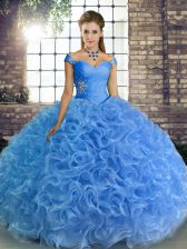 Trendy Baby Blue Ball Gowns Fabric With Rolling Flowers Off The Shoulder Sleeveless Beading Floor Length Lace Up Sweet 16 Dresses