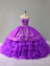 Dazzling Floor Length Purple Quinceanera Dresses Organza Sleeveless Embroidery and Ruffles