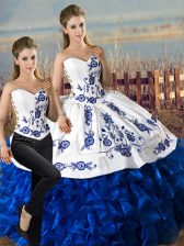  Floor Length Blue And White Quinceanera Gown Sweetheart Sleeveless Lace Up