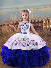 High Class Floor Length Royal Blue Little Girl Pageant Dress Organza Sleeveless Embroidery and Ruffles