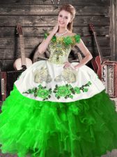 Luxurious Green Ball Gowns Organza Off The Shoulder Sleeveless Embroidery and Ruffles Floor Length Lace Up Vestidos de Quinceanera