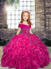 Low Price Organza Straps Sleeveless Lace Up Beading and Ruffles Little Girls Pageant Gowns in Fuchsia