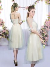  Scoop Half Sleeves Quinceanera Court of Honor Dress Tea Length Lace and Bowknot Champagne Tulle
