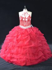 Fine Sleeveless Floor Length Beading and Lace Backless Quinceanera Gown with Red