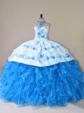 Decent Blue Halter Top Neckline Embroidery and Ruffles Quinceanera Gown Sleeveless Lace Up