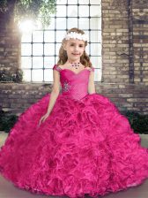 Low Price Floor Length Fuchsia Little Girls Pageant Dress Wholesale Fabric With Rolling Flowers Sleeveless Beading