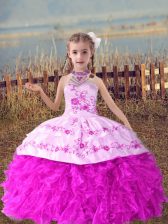Modern Beading and Embroidery and Ruffles Girls Pageant Dresses Lilac Lace Up Sleeveless Floor Length