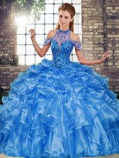  Blue Sleeveless Organza Lace Up Sweet 16 Quinceanera Dress for Military Ball and Sweet 16 and Quinceanera