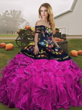 Best Selling Fuchsia 15 Quinceanera Dress Military Ball and Sweet 16 and Quinceanera with Embroidery and Ruffles Off The Shoulder Sleeveless Lace Up