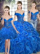 Cute Sleeveless Floor Length Beading and Ruffles Lace Up Quinceanera Gown with Royal Blue