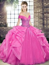  Organza Off The Shoulder Sleeveless Lace Up Beading and Ruffles Sweet 16 Dress in Rose Pink 