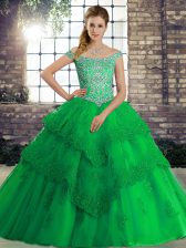 Shining Green Lace Up Off The Shoulder Beading and Lace Quinceanera Gown Tulle Sleeveless Brush Train