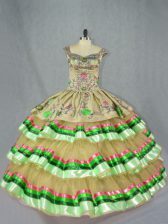  Olive Green Lace Up Straps Embroidery and Ruffled Layers Vestidos de Quinceanera Organza Sleeveless