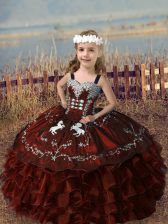  Rust Red Little Girl Pageant Gowns Wedding Party with Embroidery and Ruffled Layers Straps Sleeveless Lace Up