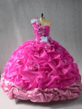 High Class Fuchsia Ball Gowns Pick Ups and Hand Made Flower Sweet 16 Dresses Lace Up Organza Sleeveless Floor Length