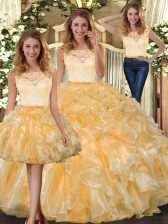 New Arrival Gold 15th Birthday Dress Military Ball and Sweet 16 and Quinceanera with Lace and Ruffles Scoop Sleeveless Clasp Handle