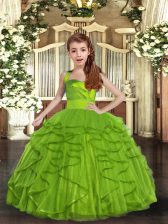  Olive Green Sleeveless Floor Length Ruffles Lace Up Little Girls Pageant Dress