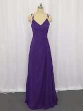 Most Popular Sleeveless Chiffon Floor Length Zipper Dress for Prom in Purple with Ruching