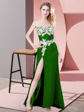  Floor Length Zipper Dress for Prom Green for Prom and Party and Military Ball with Lace and Appliques