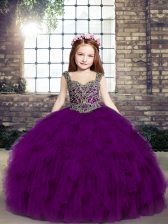  Purple Tulle Lace Up Kids Formal Wear Sleeveless Floor Length Beading and Ruffles