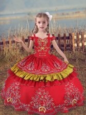 Perfect Red Off The Shoulder Neckline Beading and Embroidery Little Girl Pageant Gowns Sleeveless Lace Up
