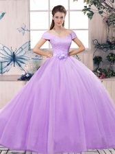 Best Selling Floor Length Lace Up Sweet 16 Quinceanera Dress Lavender for Military Ball and Sweet 16 and Quinceanera with Lace and Hand Made Flower