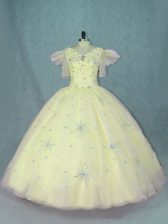 Dramatic Short Sleeves Organza Floor Length Zipper Quinceanera Gowns in Yellow with Beading