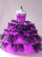 Vintage Black And Purple Sweetheart Neckline Beading and Ruffled Layers 15th Birthday Dress Sleeveless Lace Up
