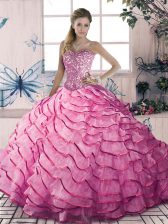 Cheap Sleeveless Organza and Tulle Floor Length Lace Up 15 Quinceanera Dress in Pink with Beading and Ruffles