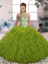  Floor Length Olive Green Quince Ball Gowns Tulle Sleeveless Beading and Ruffles