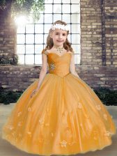  Tulle Straps Sleeveless Lace Up Beading and Hand Made Flower Kids Pageant Dress in Gold