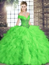 Romantic Ball Gowns Off The Shoulder Sleeveless Tulle Floor Length Lace Up Beading and Ruffles Sweet 16 Dress