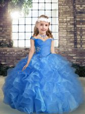 Wonderful Floor Length Blue Girls Pageant Dresses Straps Sleeveless Lace Up