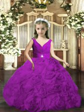 Top Selling Sleeveless Fabric With Rolling Flowers Floor Length Backless Little Girls Pageant Gowns in Purple with Beading and Ruching