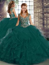  Peacock Green Sleeveless Beading and Ruffles Floor Length Sweet 16 Dresses