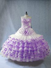  Floor Length White And Purple Sweet 16 Dress Organza Sleeveless Embroidery and Ruffled Layers and Bowknot