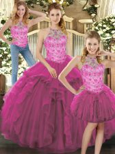  Three Pieces Quinceanera Dress Fuchsia Halter Top Tulle Sleeveless Floor Length Lace Up