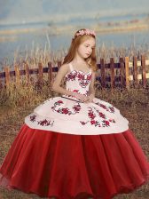  Red Organza Lace Up Straps Sleeveless Floor Length Little Girls Pageant Gowns Embroidery