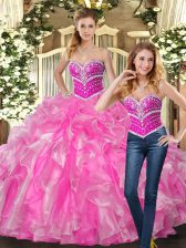 Sumptuous Rose Pink Organza Lace Up Quinceanera Gowns Sleeveless Beading and Ruffles