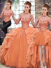  Organza Halter Top Sleeveless Lace Up Beading and Ruffles Vestidos de Quinceanera in Orange